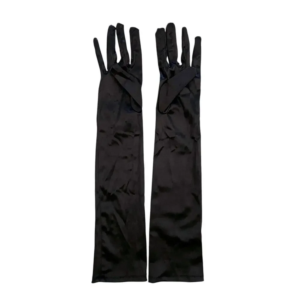 Vintage Black Satin Long Formal Elbow-Length Evening Gloves Size S/M